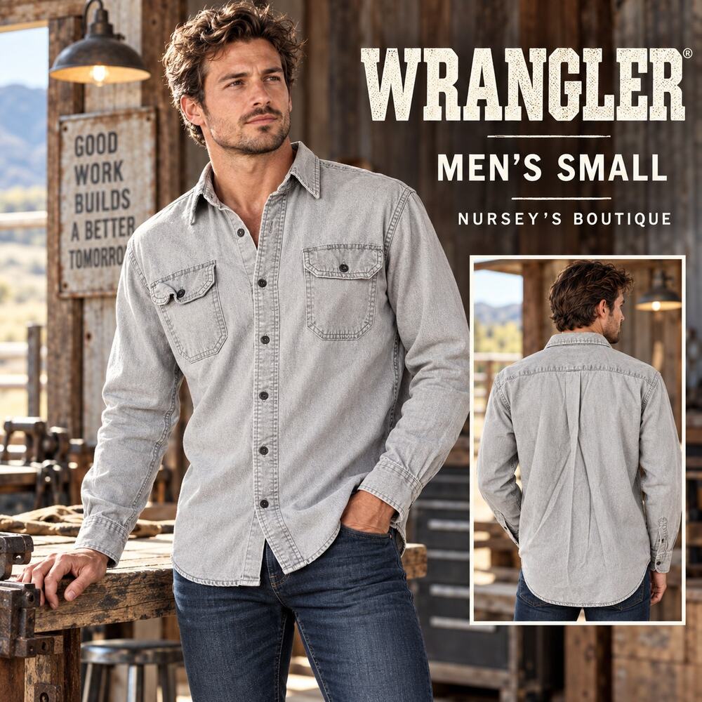 Wrangler Men’s Small Gray Acid Wash Stretch Denim Work Shirt Button Up